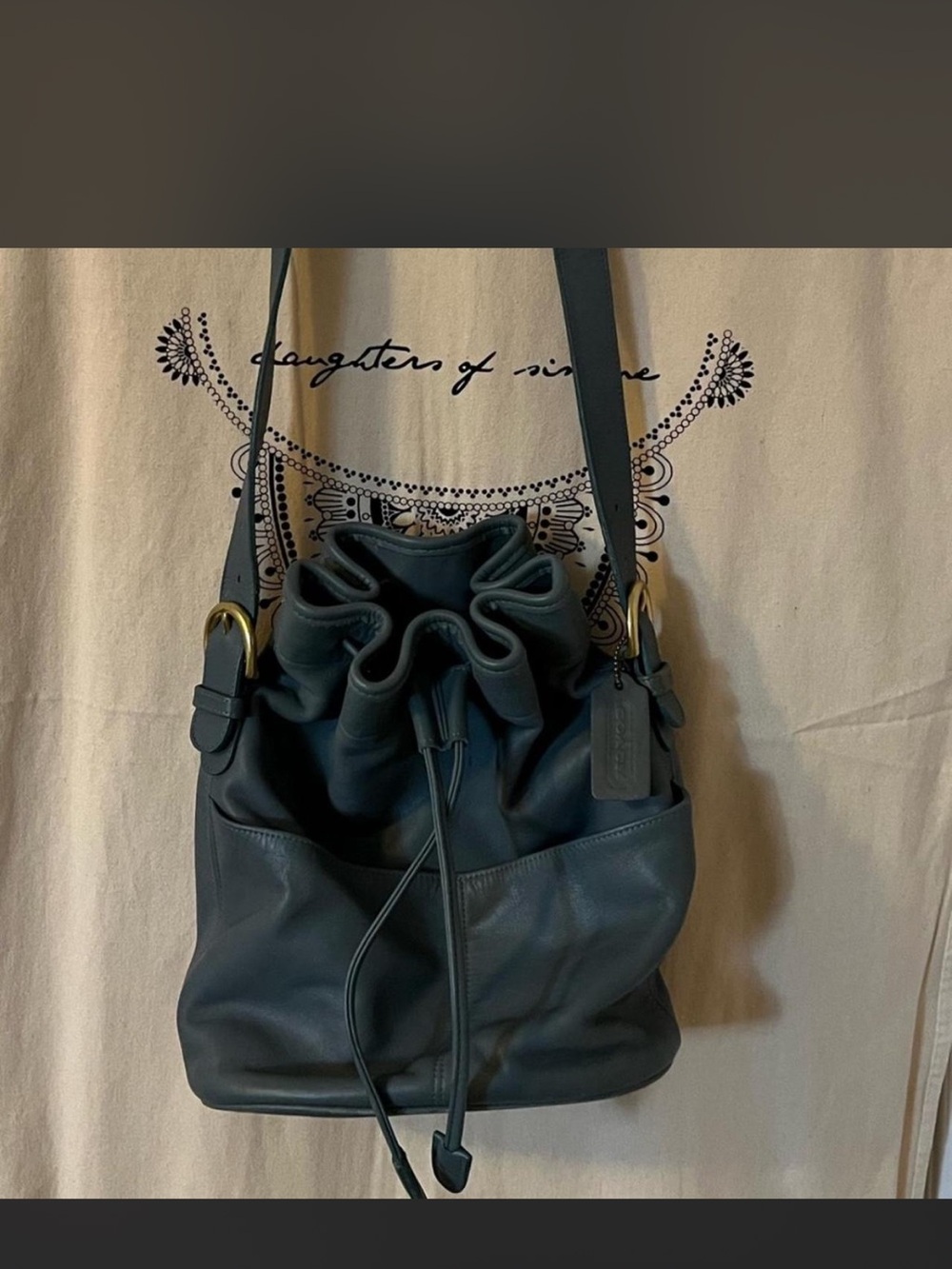Rare Coach Pebbled Leather Drawstring Bucket Bag in Dark Teal